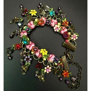 Vintage Rare Michal Negrin Enamel Crystal Ribbon Floral Charm Bracelet